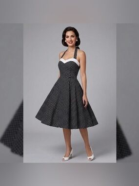 1950s Vintage Halter Polka Dot Swing Dress - Black & White size small
